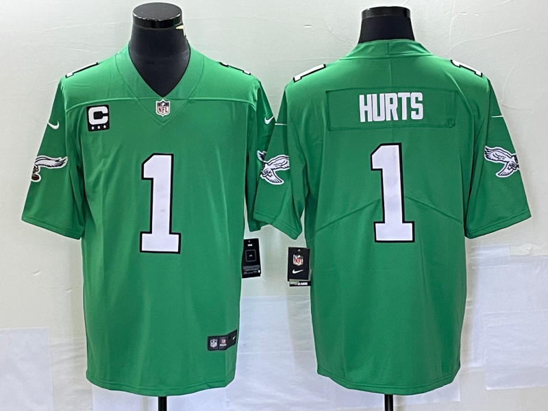 Men's Philadelphia Eagles #1 Jalen Hurts Green Vapor Limited With 3-star C Patch Stitched Football Jersey